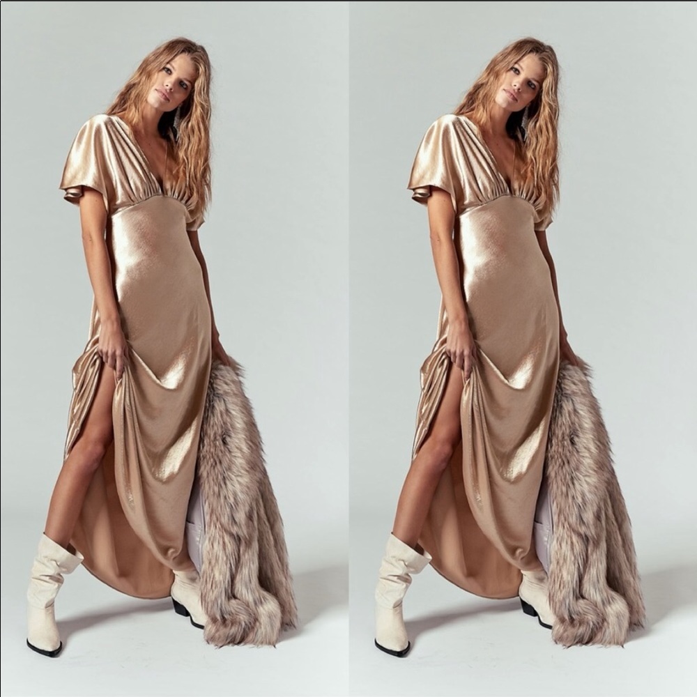 Free People Beatrice Gold Satin Maxi Dress